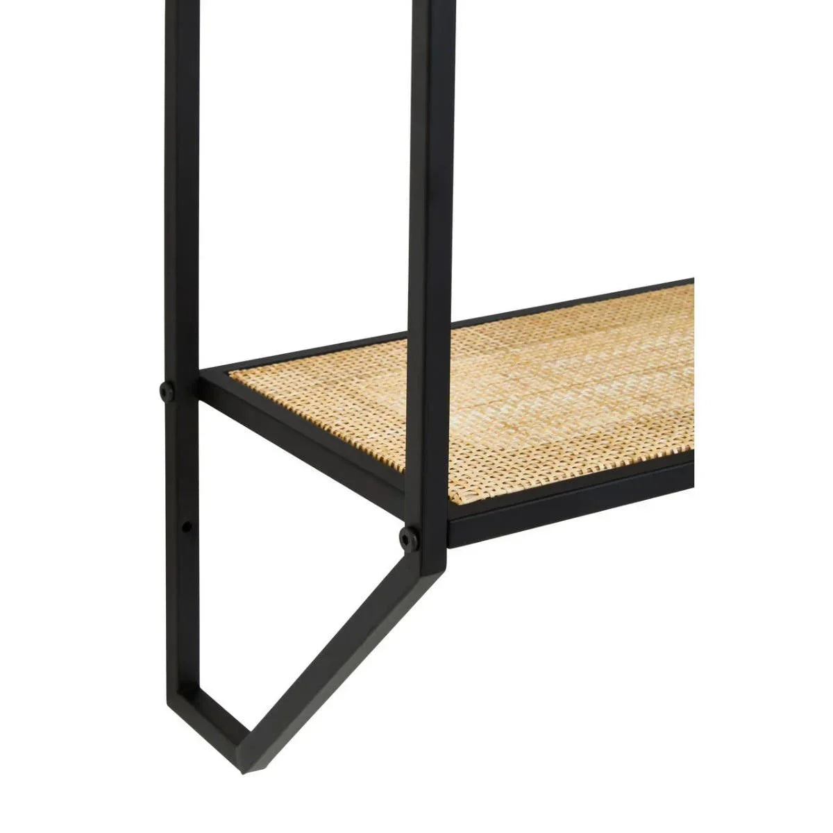 Black metal frame shelf with natural rattan surface, close-up of corner design