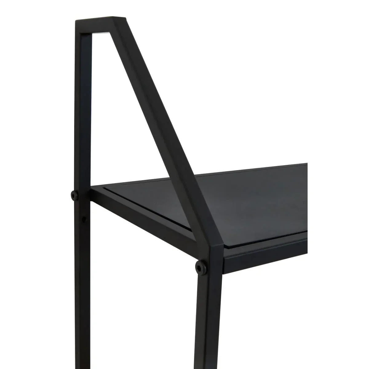 Black metal shelf frame with angled support, close-up of modern furniture design