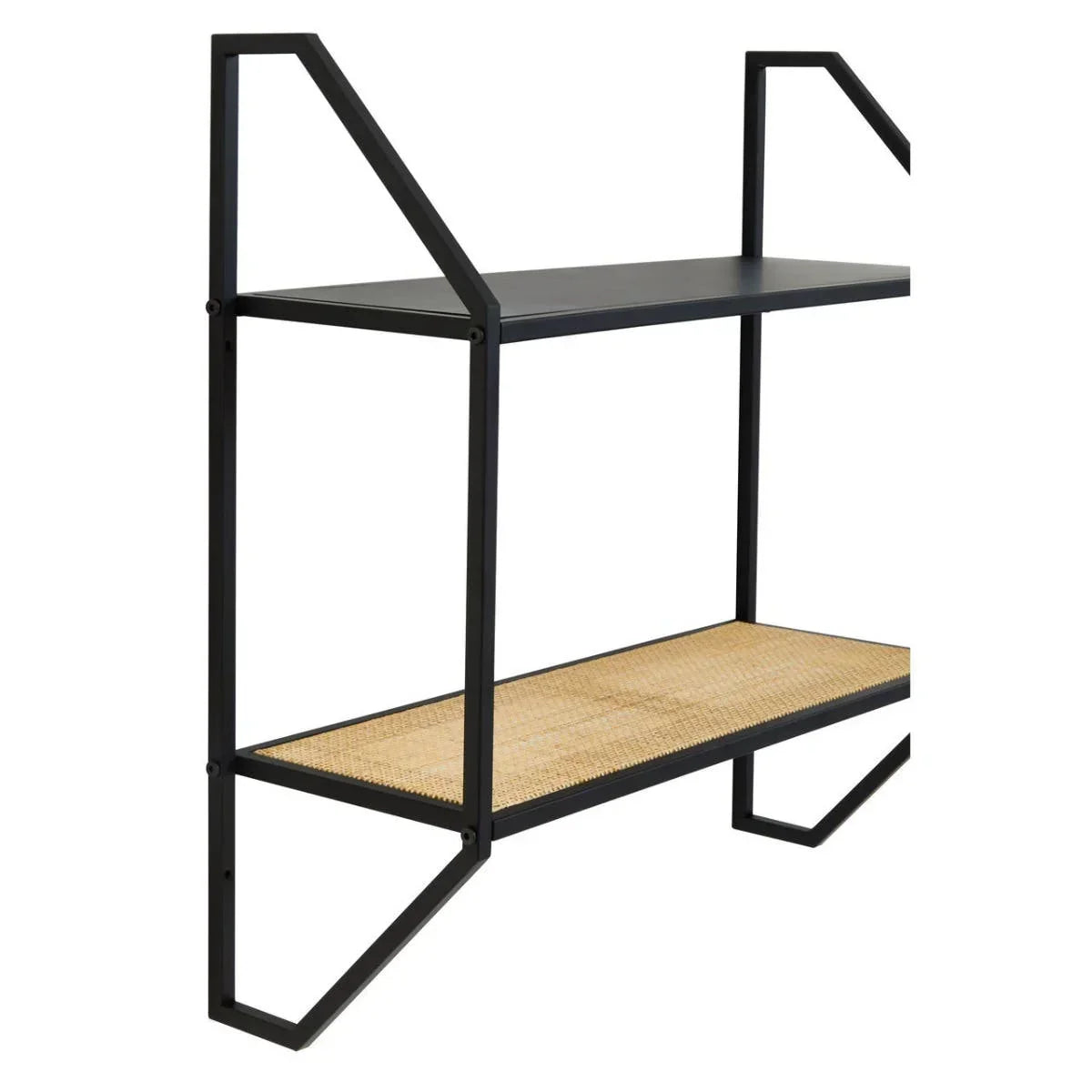 Black metal wall shelf with upper black panel and lower rattan shelf, side view