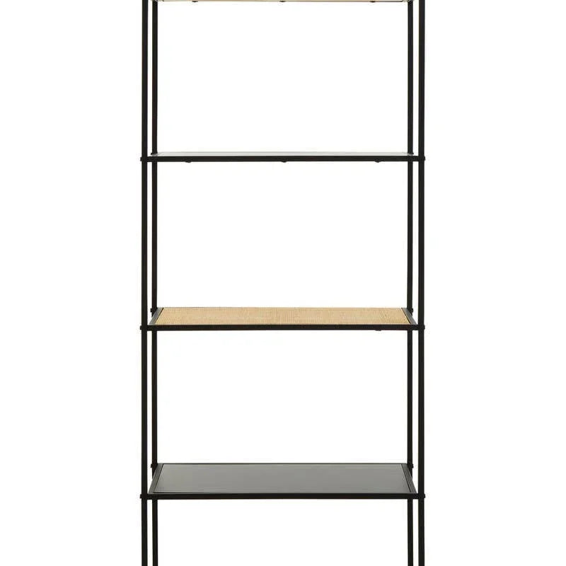 Black metal shelving unit with five shelves, mixed wood and glass, front view