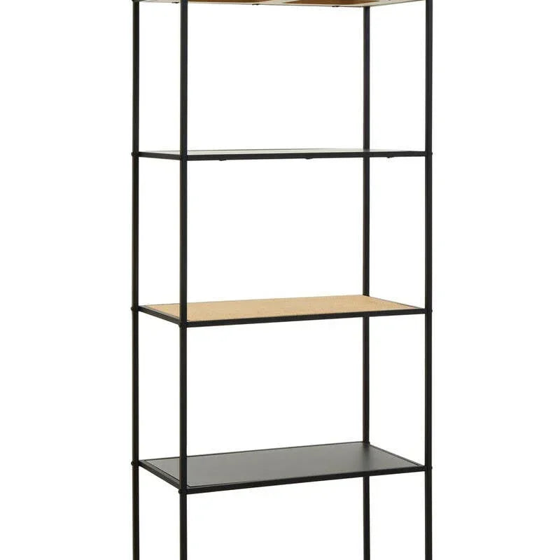 Tall black metal shelving unit with four wooden shelves and open frame design