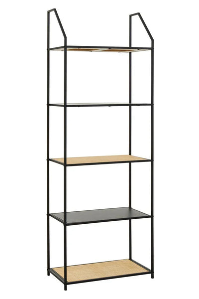 Tall black metal shelving unit with four wooden shelves and open frame design