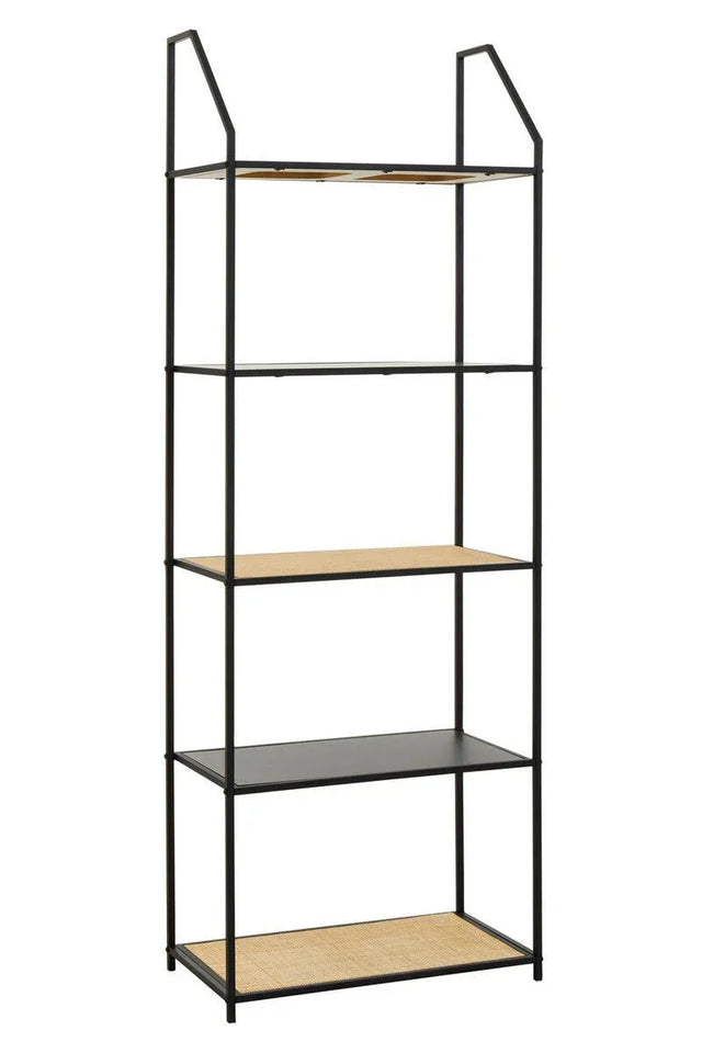 Tall black metal shelving unit with four wooden shelves and open frame design