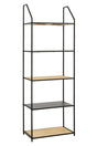 Tall black metal shelving unit with four wooden shelves and open frame design