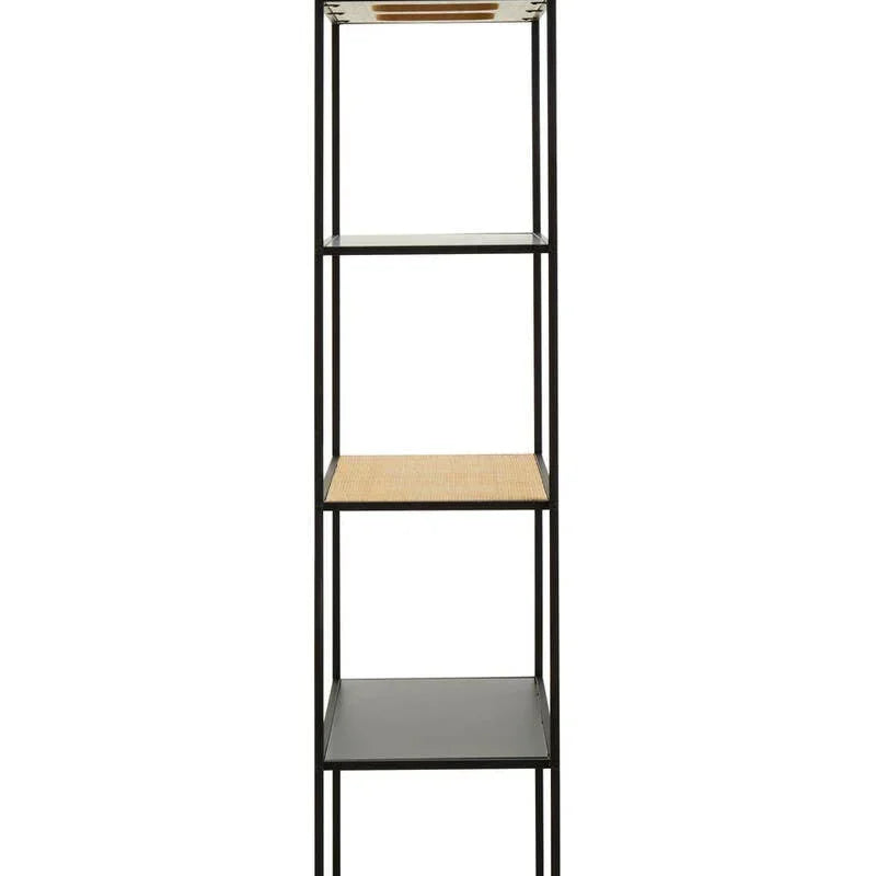 Tall black metal shelving unit with rattan shelves and open geometric frame