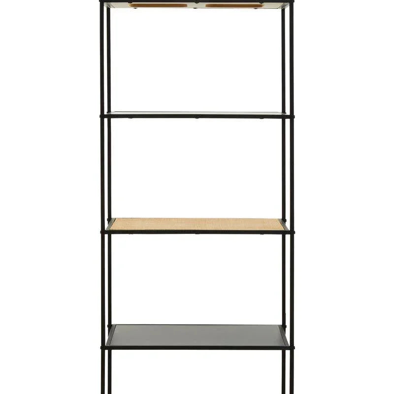 Black metal shelving unit with five shelves and rattan accents, front view
