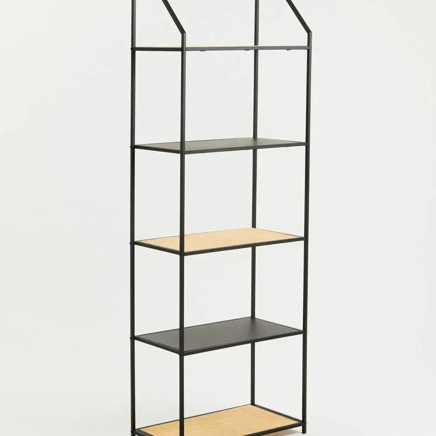 Black metal frame shelving unit with four shelves, two black and two rattan, front angle view
