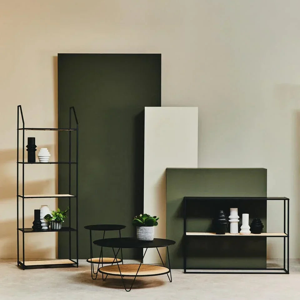 Black metal and wood living room furniture set with shelving and coffee table