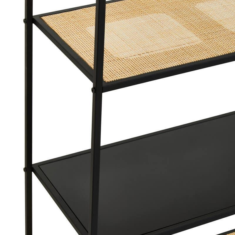 Black metal shelving unit with natural rattan shelves and minimalist design, side angle view