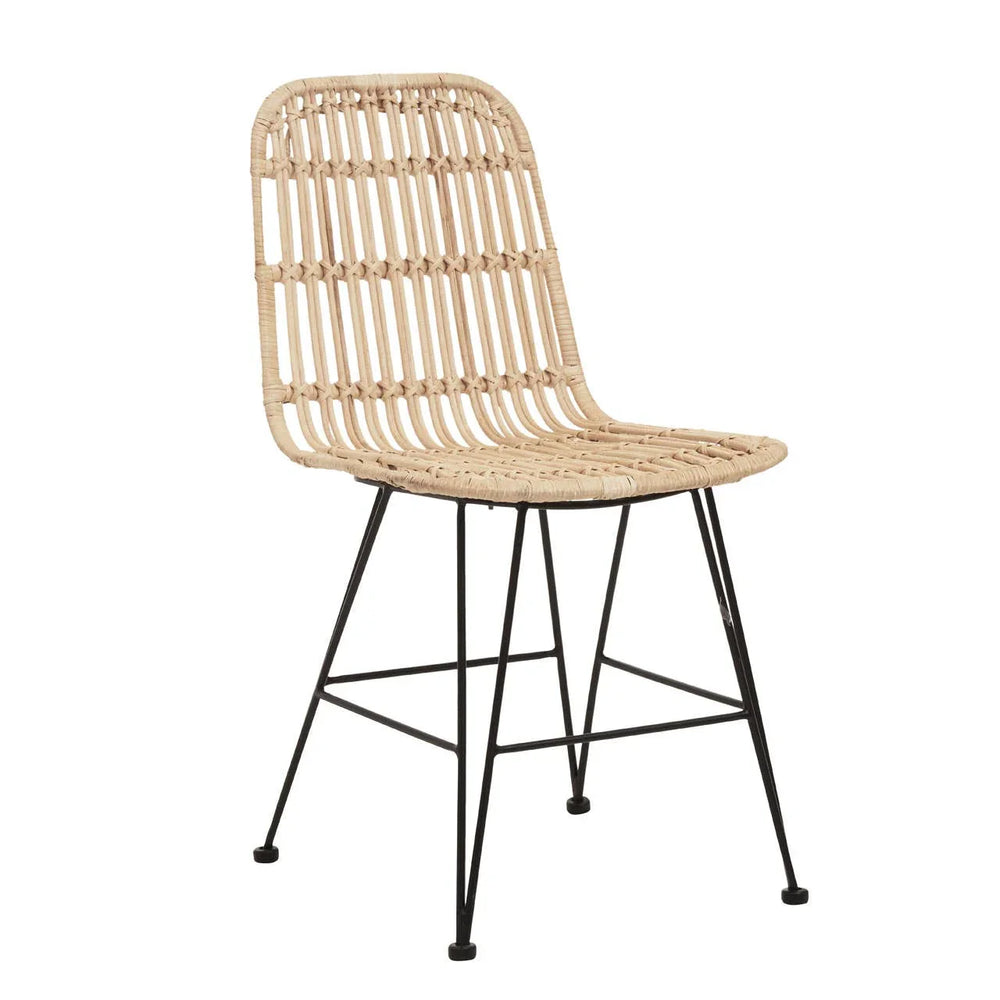 Natural rattan dining chair with woven seat and black metal legs