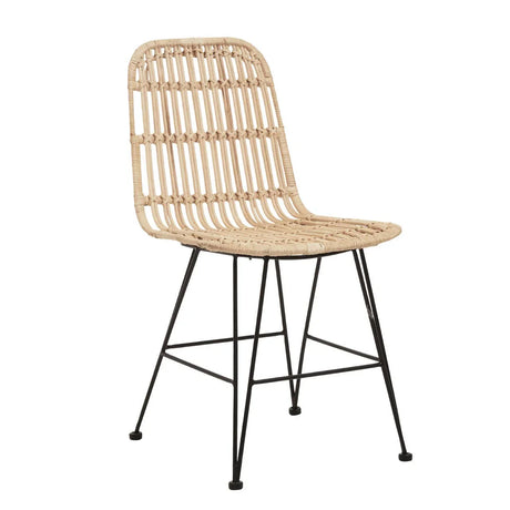 Natural rattan dining chair with woven seat and black metal legs