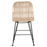 Natural rattan dining chair with black metal legs, front view