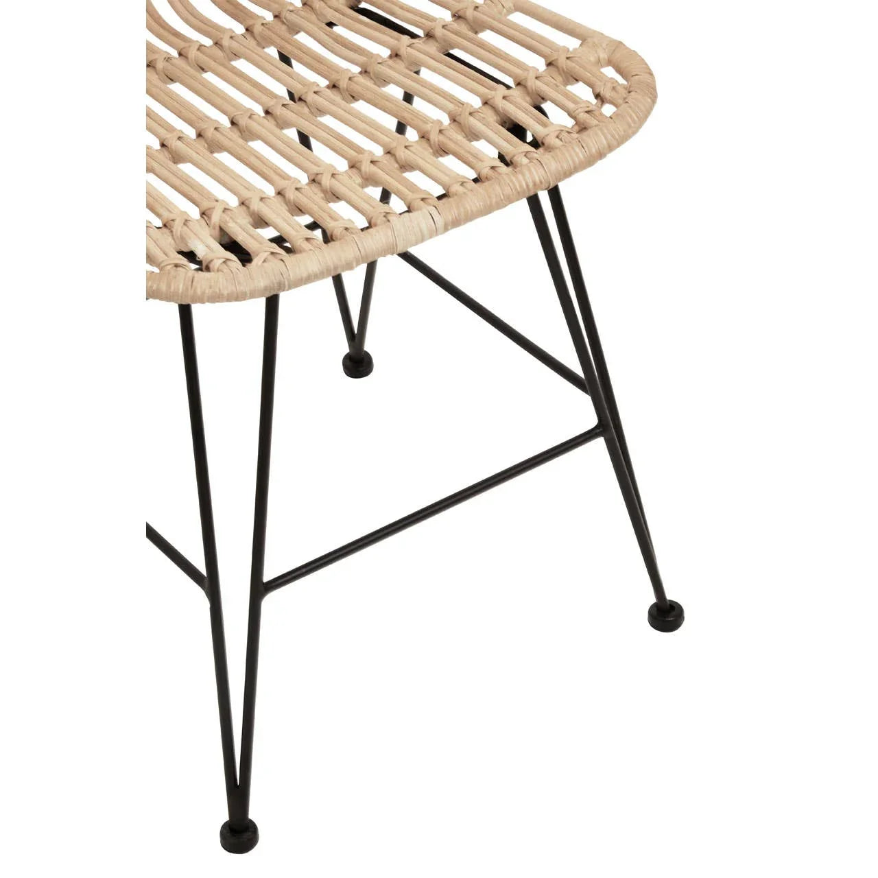 Close view of rattan dining chair seat with black metal legs