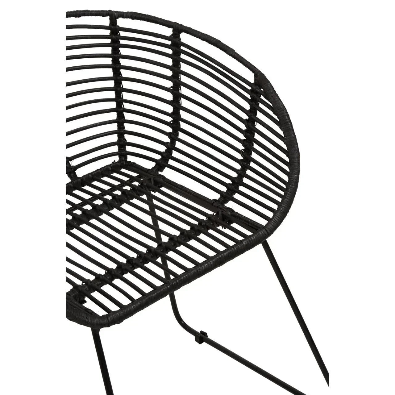 Black rattan chair seat close-up showing woven detail and metal legs