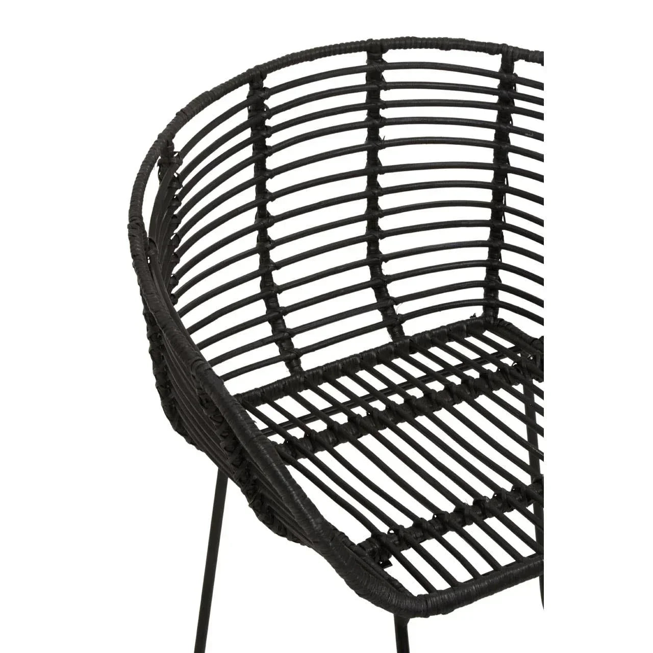 Closeup of black rattan chair with round back and metal legs