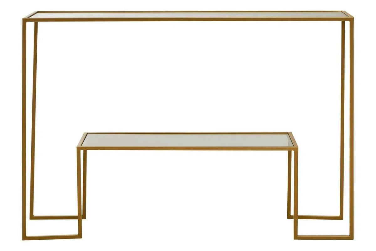 Gold metal and glass console table set with minimalist geometric frame design