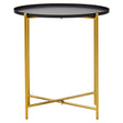 A round side table with a black top and a gold metal frame, featuring crossed legs for stability. The design is modern and sleek, suitable for various home decor styles