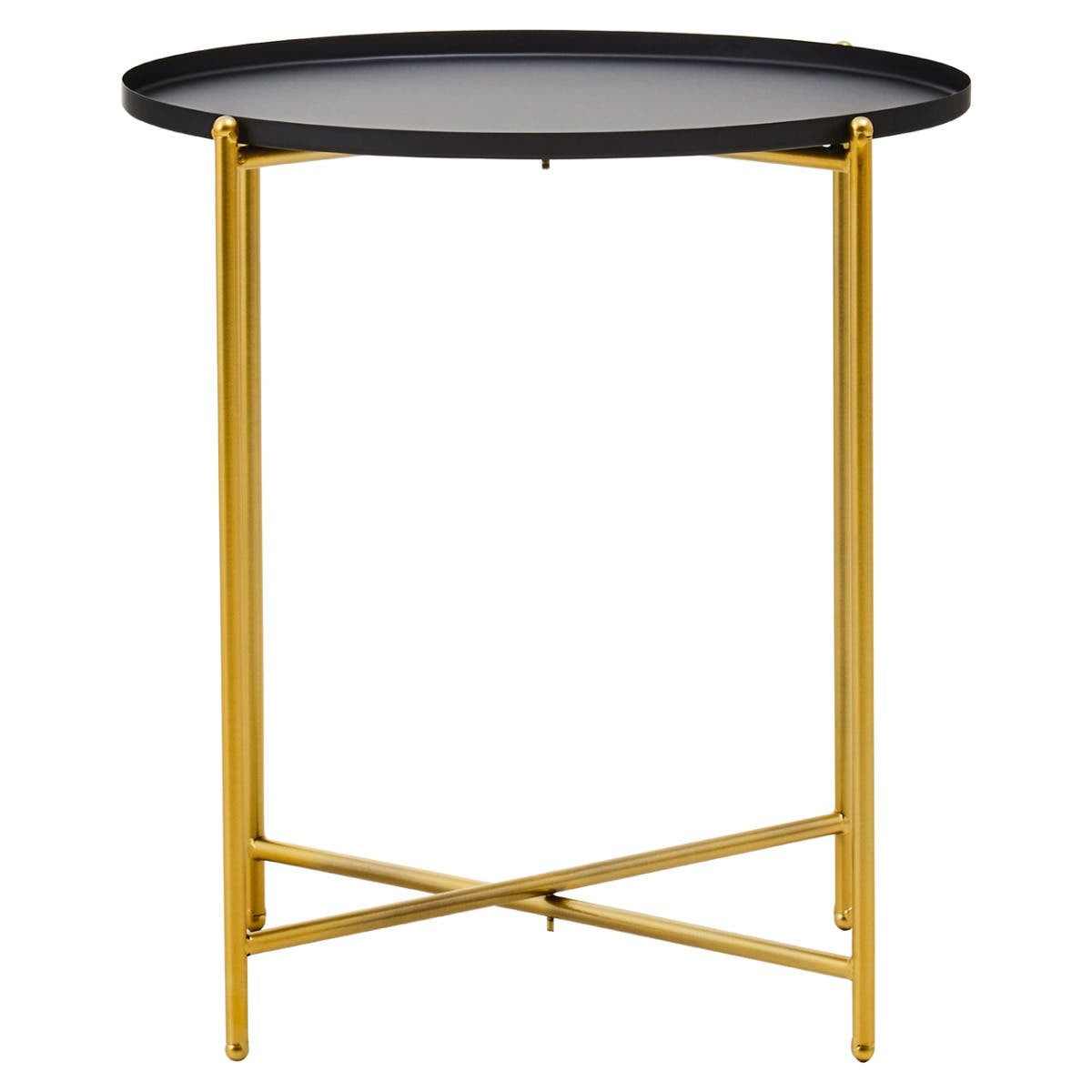 A round side table with a black top and a gold metal frame, featuring crossed legs for stability. The design is modern and sleek, suitable for various home decor styles
