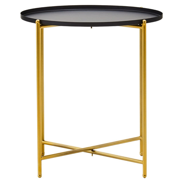 A round side table with a black top and a gold metal frame, featuring crossed legs for stability. The design is modern and sleek, suitable for various home decor styles