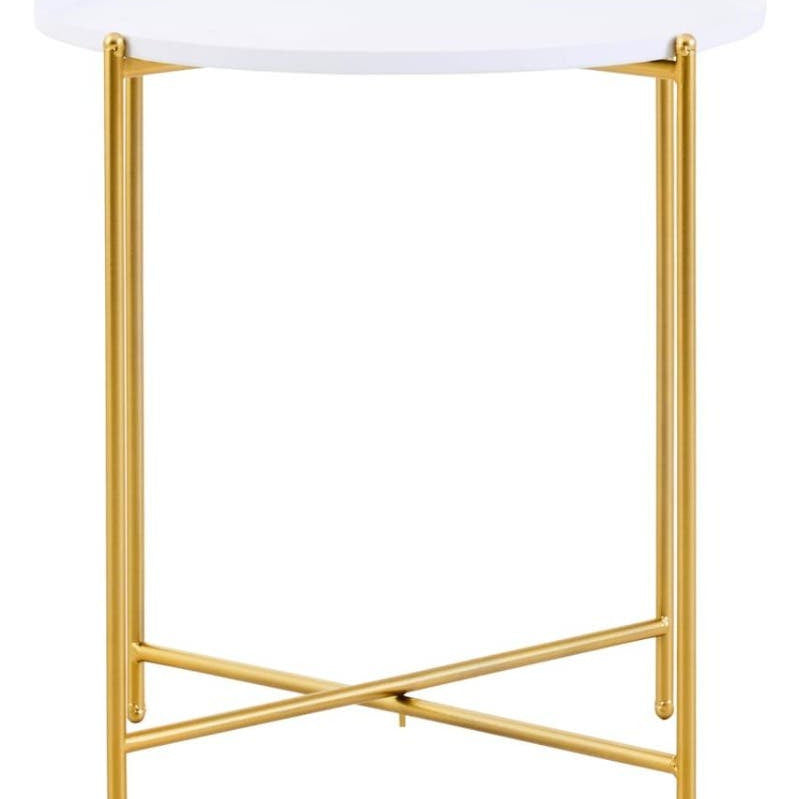 Round white tabletop supported by a sleek gold metal frame with crossed legs, designed as a modern side table