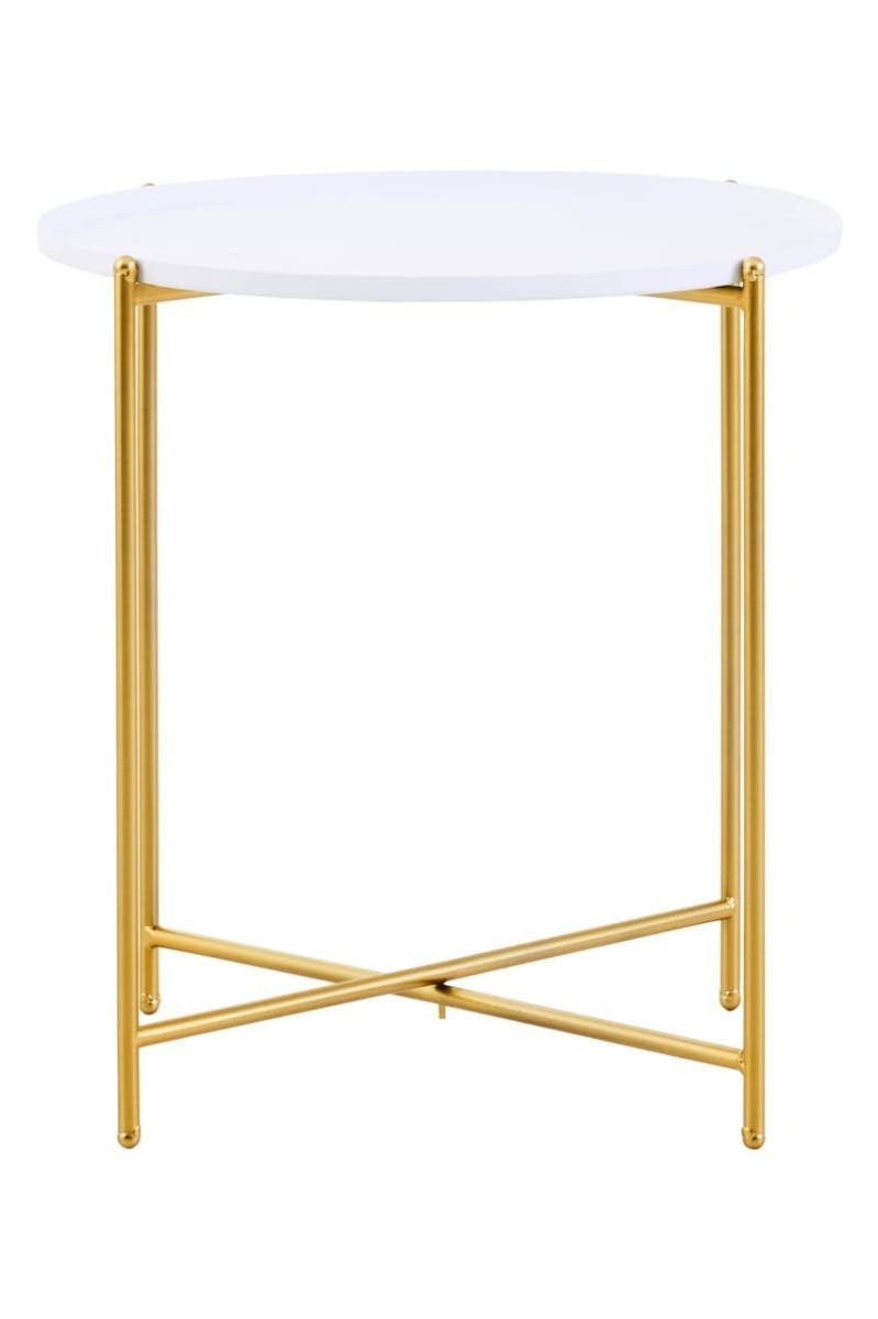 Round white tabletop supported by a sleek gold metal frame with crossed legs, designed as a modern side table