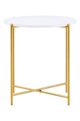 Round white tabletop supported by a sleek gold metal frame with crossed legs, designed as a modern side table