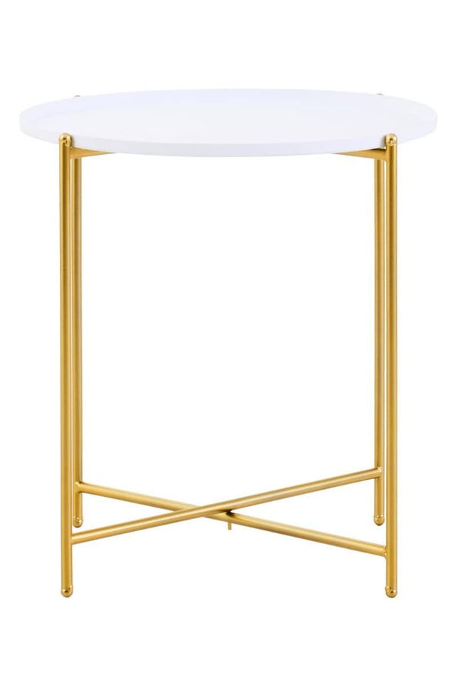 Round white tabletop supported by a sleek gold metal frame with crossed legs, designed as a modern side table