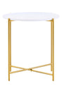 Round white tabletop supported by a sleek gold metal frame with crossed legs, designed as a modern side table