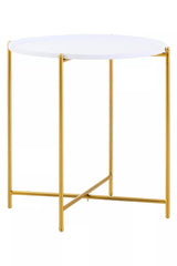 Round white tabletop supported by a sleek gold metal frame with four legs and a crossbar for stability. The design is modern and elegant, suitable for various home decor styles
