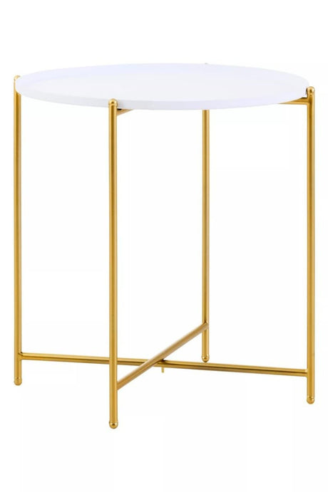 Round white tabletop supported by a sleek gold metal frame with four legs and a crossbar for stability. The design is modern and elegant, suitable for various home decor styles