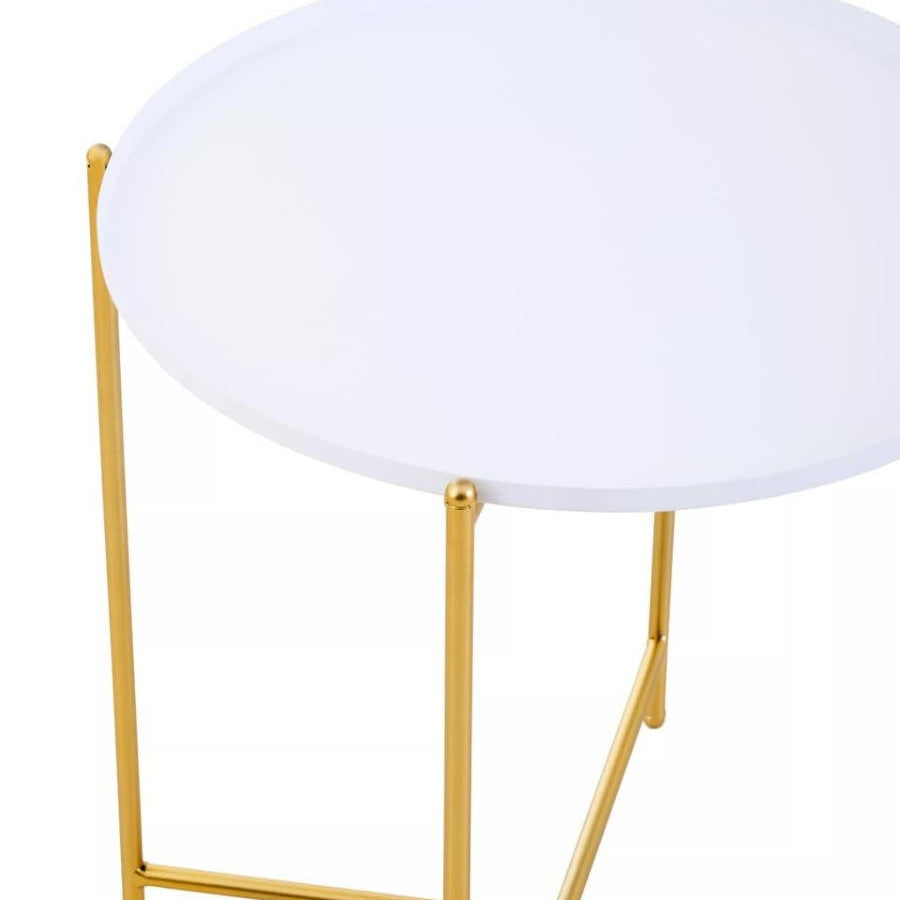 Round side table with a smooth white top and a sleek gold metal frame, featuring three slender legs for support. The design is modern and minimalist, suitable for various home decor styles