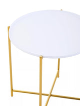 Round side table with a smooth white top and a sleek gold metal frame, featuring three slender legs for support. The design is modern and minimalist, suitable for various home decor styles