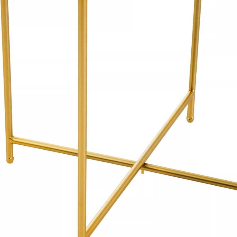 Round white tabletop supported by a sleek gold metal frame with crossed legs, showcasing a modern and elegant design suitable for home decor