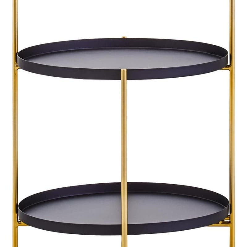 Two-tier side table featuring a sleek black finish on the oval trays and a stylish gold metal frame, designed with a minimalist aesthetic. The table has two spacious levels for storage or display, supported by slender legs that enhance its modern look