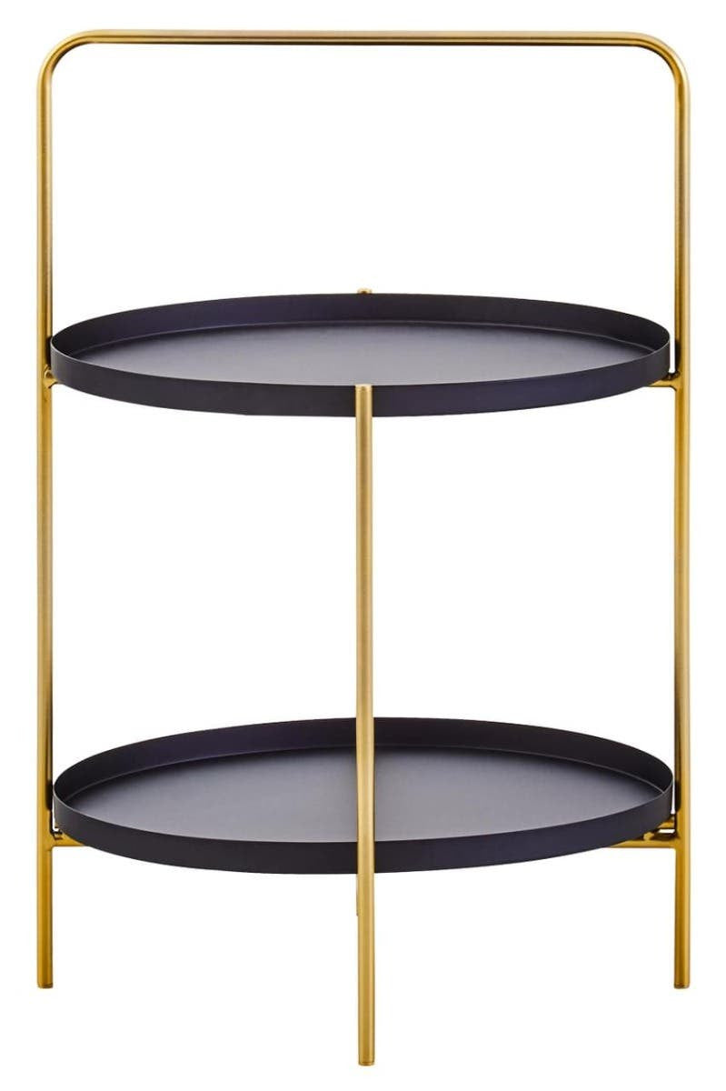 Two-tier side table featuring a sleek black finish on the oval trays and a stylish gold metal frame, designed with a minimalist aesthetic. The table has two spacious levels for storage or display, supported by slender legs that enhance its modern look