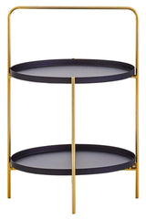 Two-tier side table featuring a sleek black finish on the oval trays and a stylish gold metal frame, designed with a minimalist aesthetic. The table has two spacious levels for storage or display, supported by slender legs that enhance its modern look