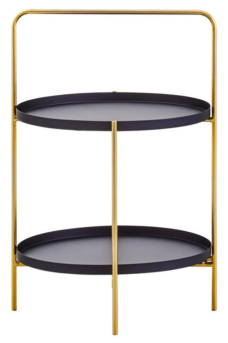Two-tier side table featuring a sleek black finish on the oval trays and a stylish gold metal frame, designed with a minimalist aesthetic. The table has two spacious levels for storage or display, supported by slender legs that enhance its modern look