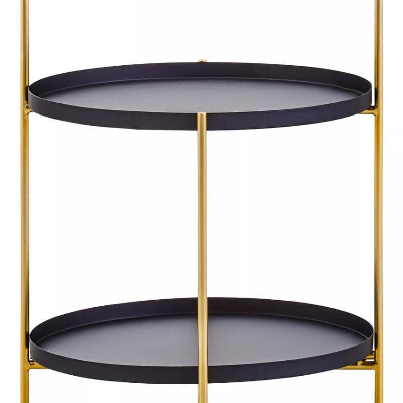 Two-tier side table featuring a sleek black oval top and bottom shelf, supported by a stylish gold metal frame. The design is modern and minimalist, with clean lines and a contemporary aesthetic