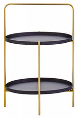 Two-tier side table featuring a sleek black oval top and bottom shelf, supported by a stylish gold metal frame. The design is modern and minimalist, with clean lines and a contemporary aesthetic