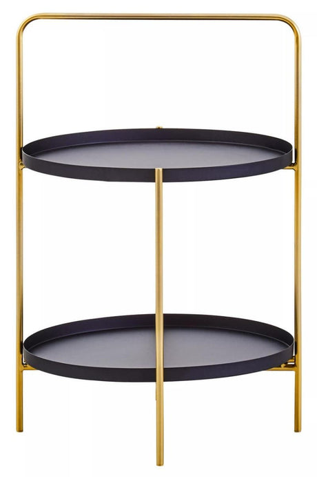 Two-tier side table featuring a sleek black oval top and bottom shelf, supported by a stylish gold metal frame. The design is modern and minimalist, with clean lines and a contemporary aesthetic