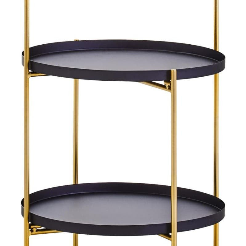 Two-tier side table featuring a sleek black finish on the circular trays and a stylish gold metal frame. The table has a minimalist design with a handle on top for easy mobility, showcasing a modern aesthetic suitable for various home decor styles