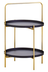 Two-tier side table featuring a sleek black finish on the circular trays and a stylish gold metal frame. The table has a minimalist design with a handle on top for easy mobility, showcasing a modern aesthetic suitable for various home decor styles