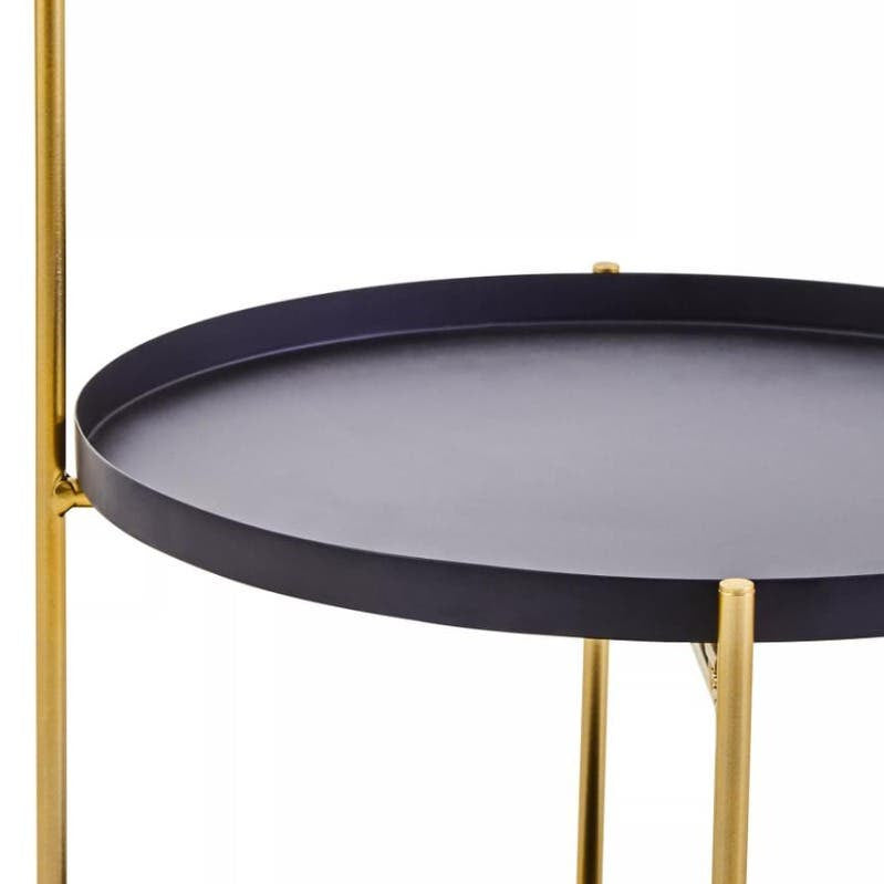 Two-tier side table featuring a sleek black circular top and a lower tier, supported by a stylish gold metal frame with a minimalist design