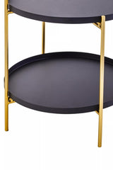 Two-tier side table featuring a sleek black circular top and bottom shelf, supported by elegant gold metal legs. The design is modern and minimalist, suitable for various home decor styles