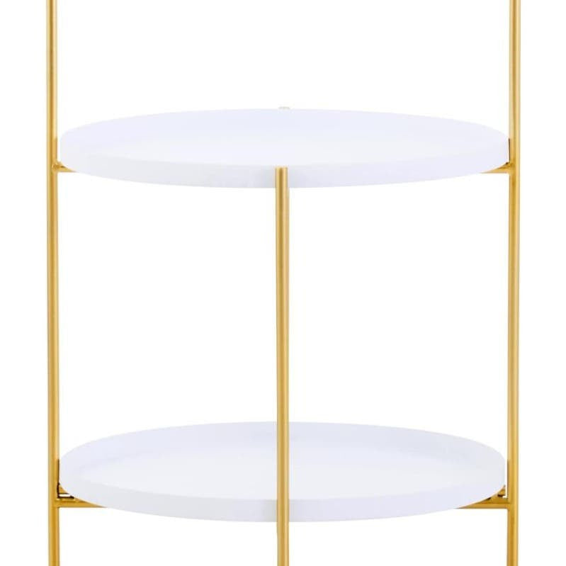 Two-tier side table featuring a sleek white surface with a gold metal frame. The table has two circular shelves, supported by slender gold legs, creating a modern and elegant look suitable for home decor