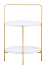 Two-tier side table featuring a sleek white surface with a gold metal frame. The table has two circular shelves, supported by slender gold legs, creating a modern and elegant look suitable for home decor