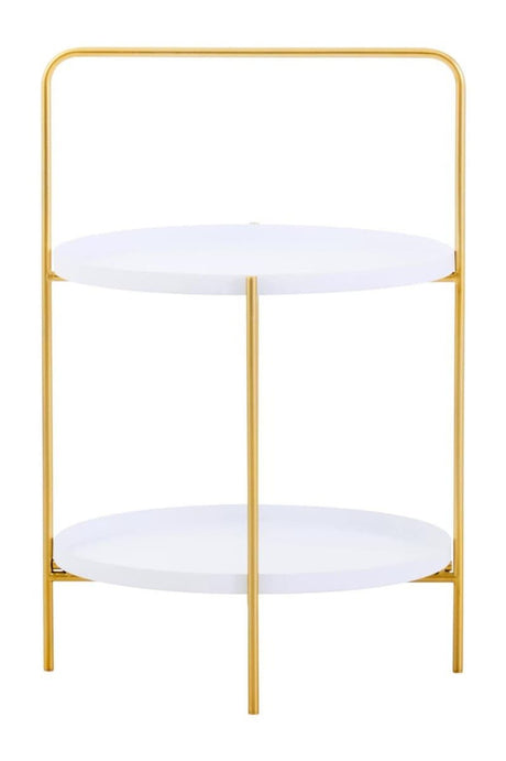 Two-tier side table featuring a sleek white surface with a gold metal frame. The table has two circular shelves, supported by slender gold legs, creating a modern and elegant look suitable for home decor
