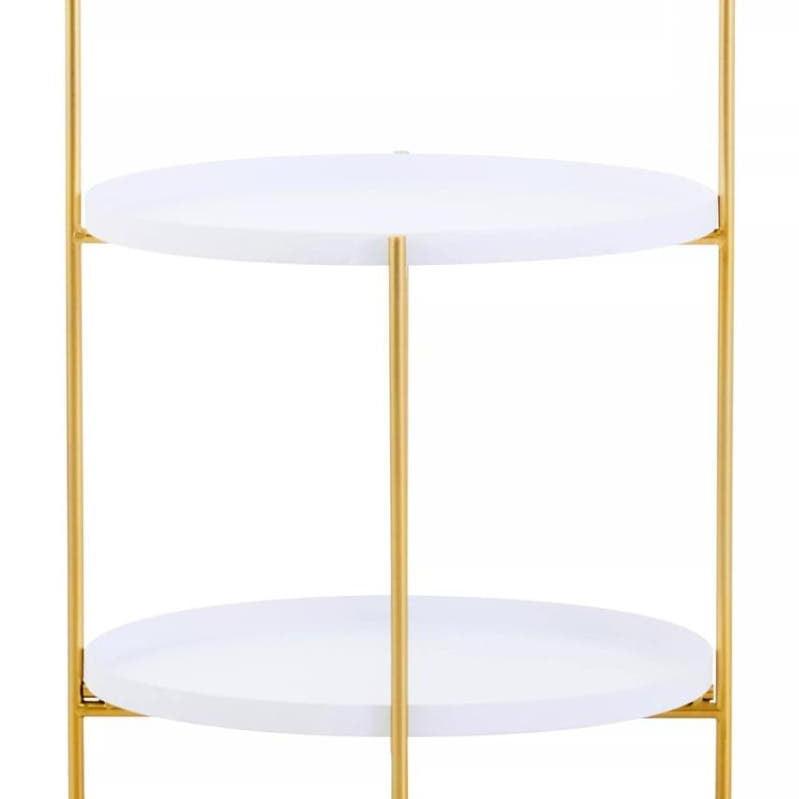 A two-tier side table featuring a sleek white surface on both tiers, supported by a minimalist gold metal frame with a simple, modern design. The table has an open structure, allowing for easy access to both levels