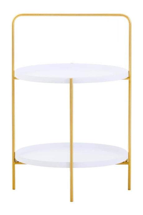 A two-tier side table featuring a sleek white surface on both tiers, supported by a minimalist gold metal frame with a simple, modern design. The table has an open structure, allowing for easy access to both levels