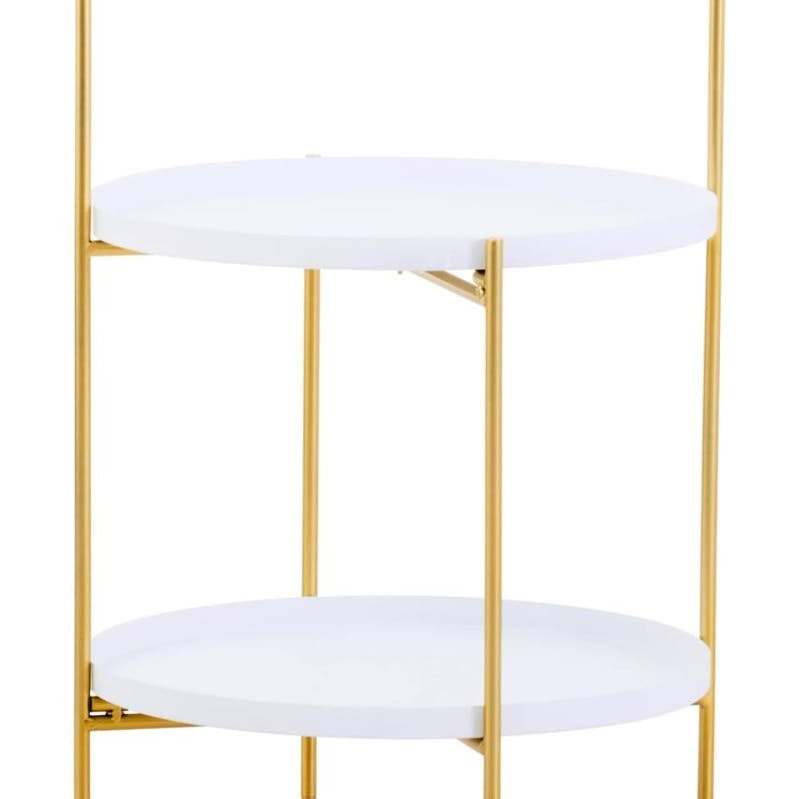 Two-tier side table featuring a sleek white surface and a gold metal frame, with a minimalist design and open space between the tiers